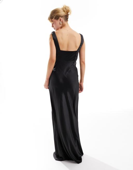 Six Stories Bridesmaid square neck satin maxi dress in black, 3 of 4