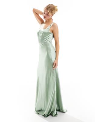 Six Stories Bridesmaid Square Neck Satin Maxi Dress In Sage-green