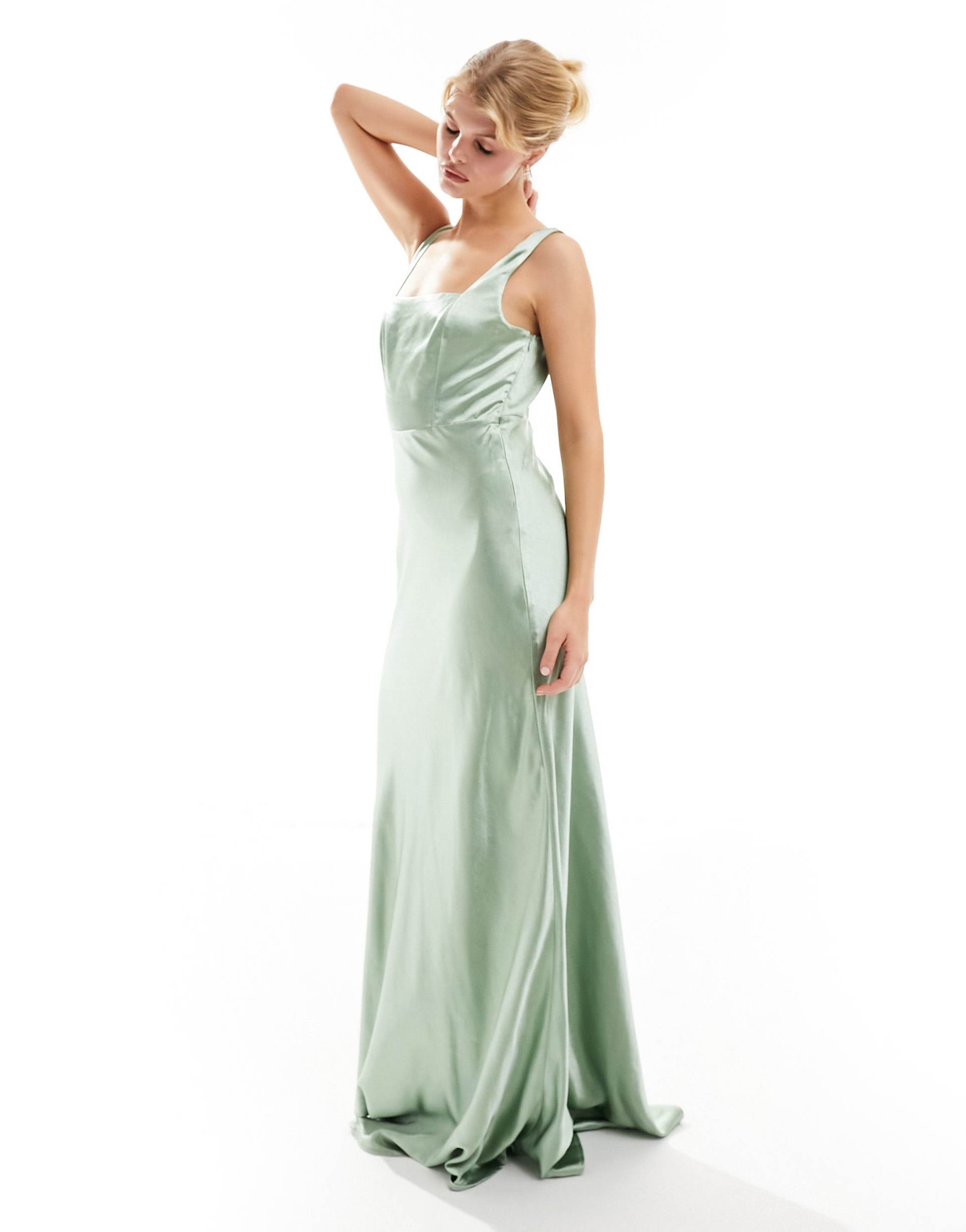 six stories bridesmaid square neck satin maxi dress in sage