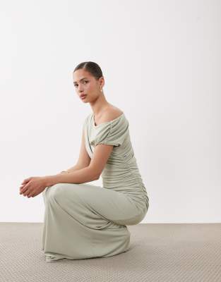 Six Stories Bridesmaid Stretch Off Shoulder Draped Maxi Dress In Green