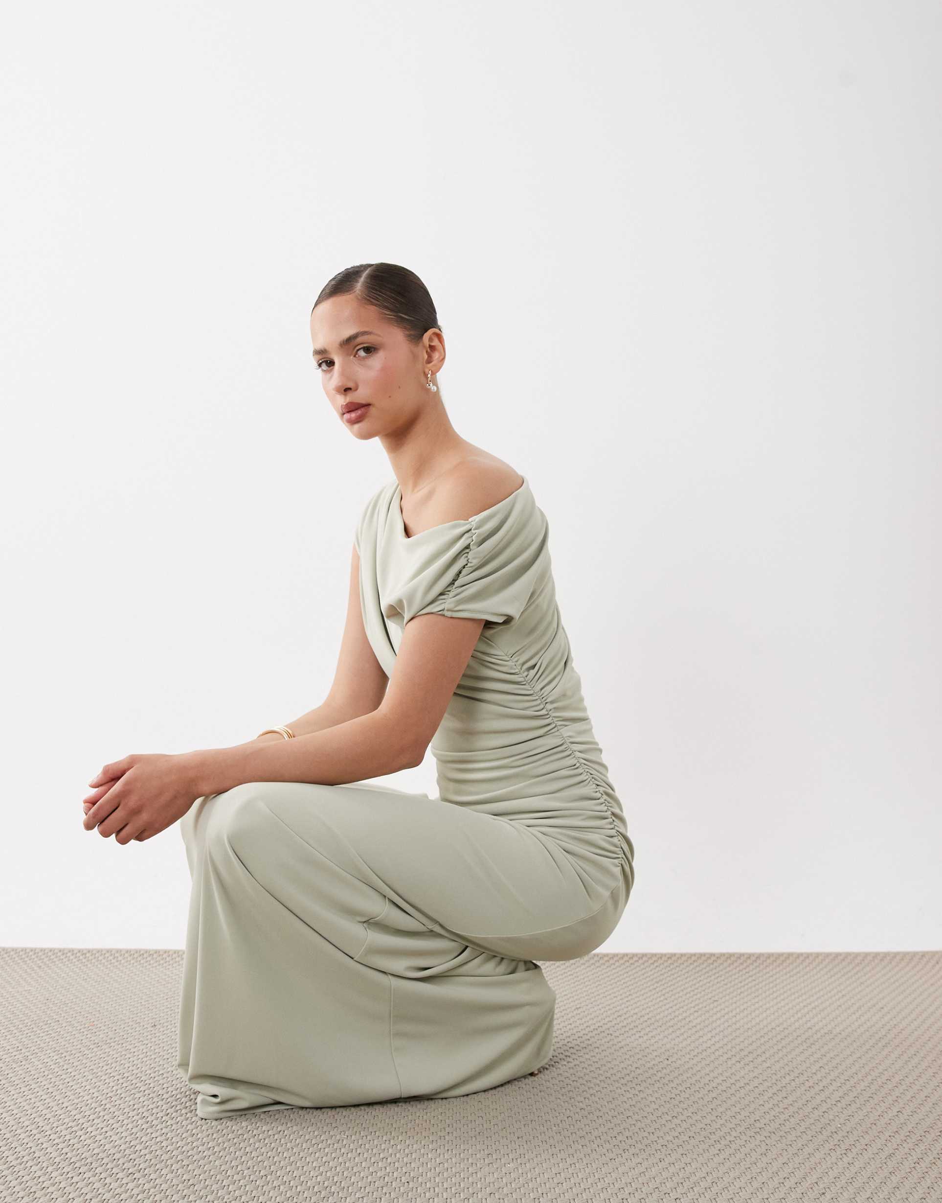 six stories bridesmaid stretch off-shoulder draped maxi dress in sage