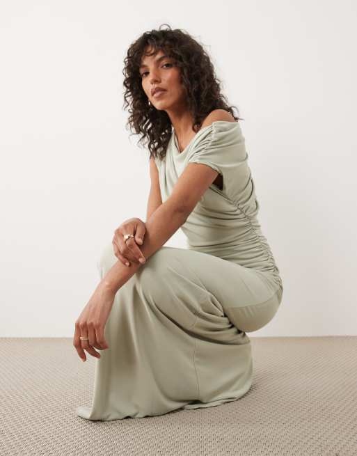 Six Stories Bridesmaid stretch off-shoulder draped maxi dress in sage , 3 of 4