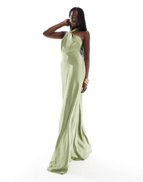 Six Stories Bridesmaid halter neck satin maxi dress in moss green