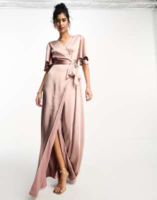 Six Stories Six Stories Bridesmaids angel sleeve wrap satin maxi dress in rose-Pink