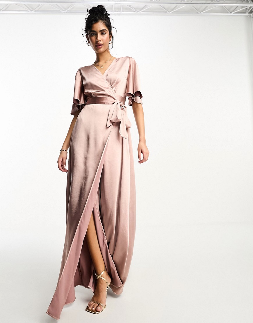 Six Stories Bridesmaids angel sleeve wrap satin maxi dress in rose-Pink