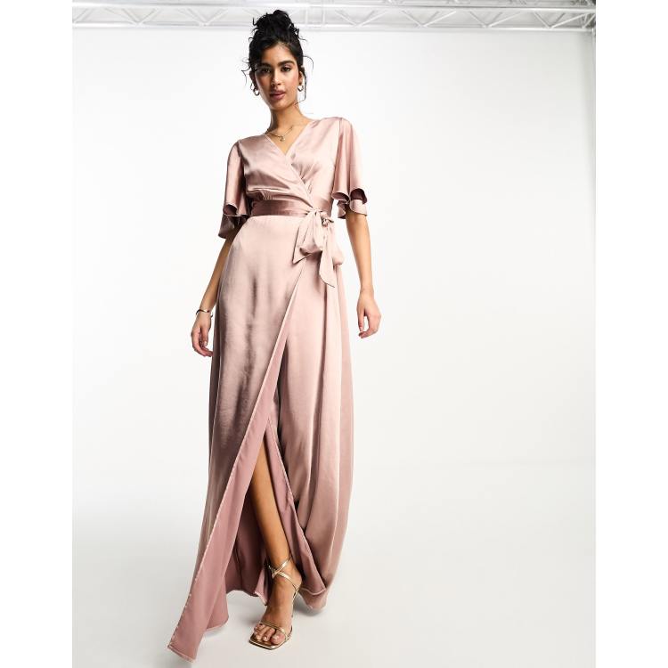 Six Stories Bridesmaids angel sleeve wrap satin maxi dress in rose