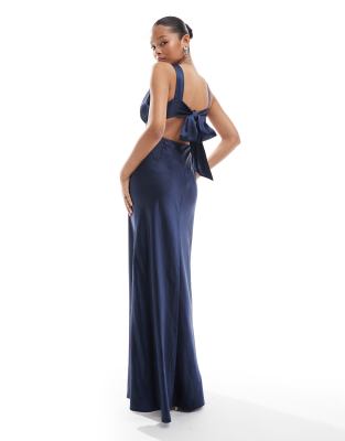 Bridesmaids bow back satin maxi dress in navy