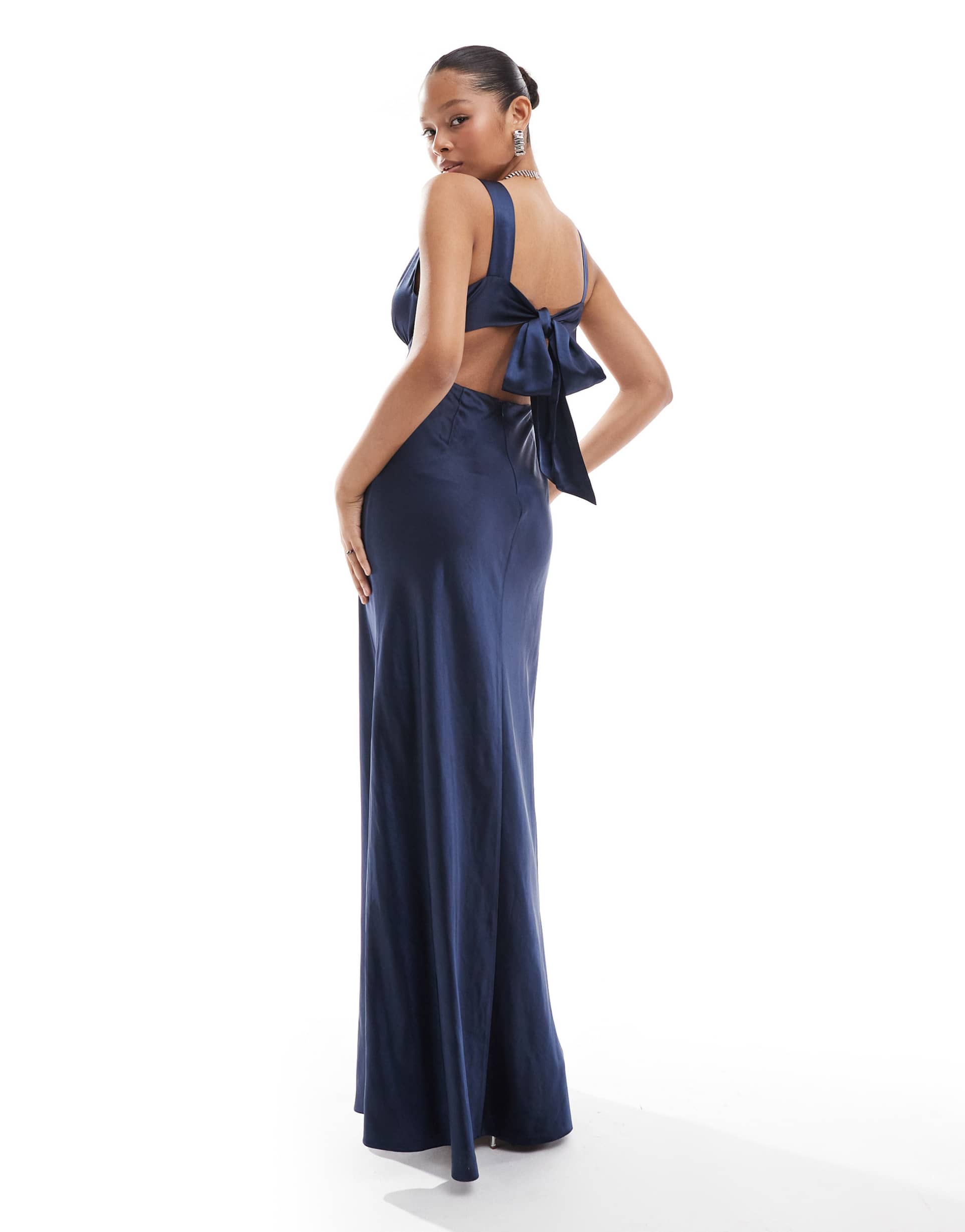 six stories bridesmaids bow back satin maxi dress in navy