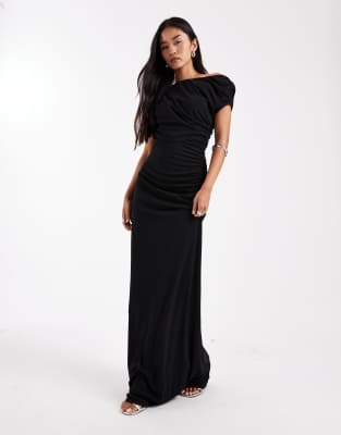 Six Stories - Bridesmaids - Brautjungfern-Maxikleid in Schwarz mit Raffung, asymmetrischem Schulterdetail und Stretchant...