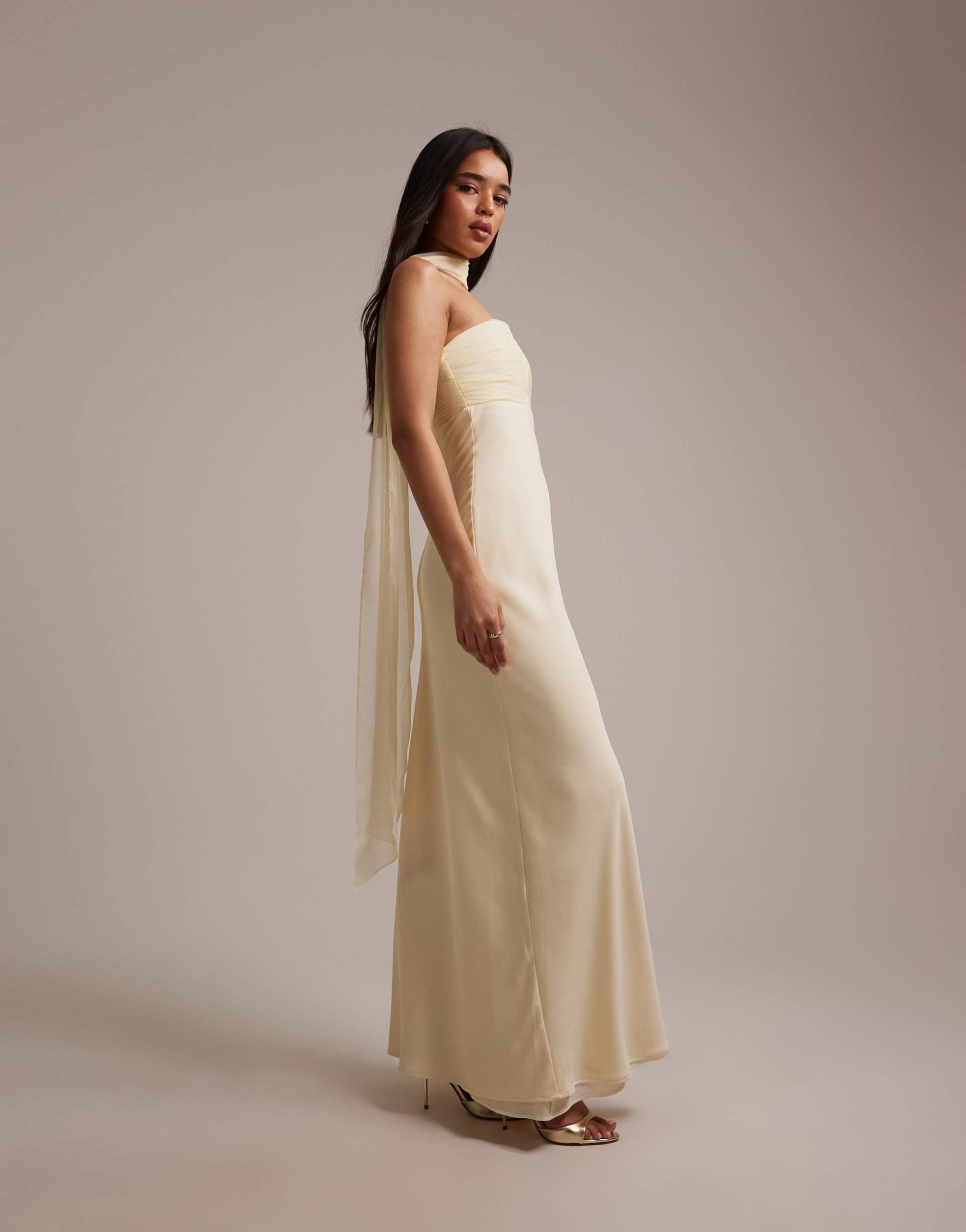 six stories bridesmaids chiffon bandeau scarf detail maxi dress in lemon