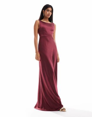 Bridesmaids cowl back satin maxi dress in burgundy-Red