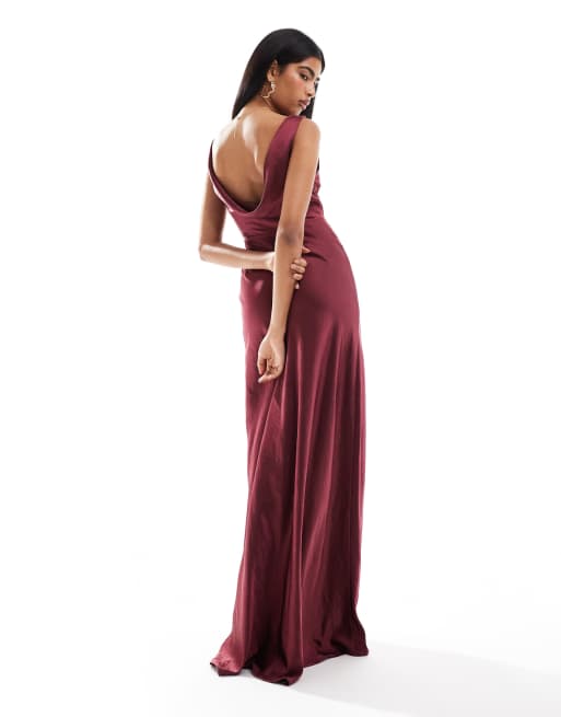 Six Stories Bridesmaids cowl back satin maxi dress in burgundy ASOS