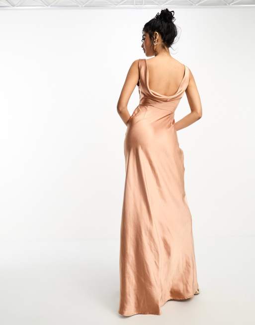 Peach Cowl Neck Backless Maxi Dress