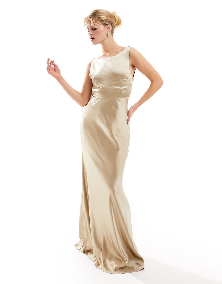 Bridesmaids cowl back satin maxi dress in champagne-Gold