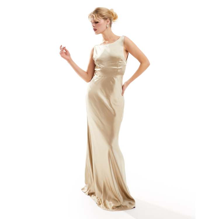 Six Stories Bridesmaids cowl back satin maxi dress in champagne ASOS