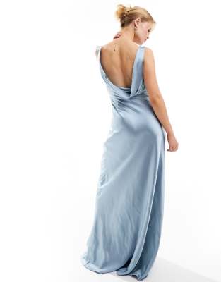 Six Stories Bridesmaids Cowl Back Satin Maxi Dress In Dusty Blue