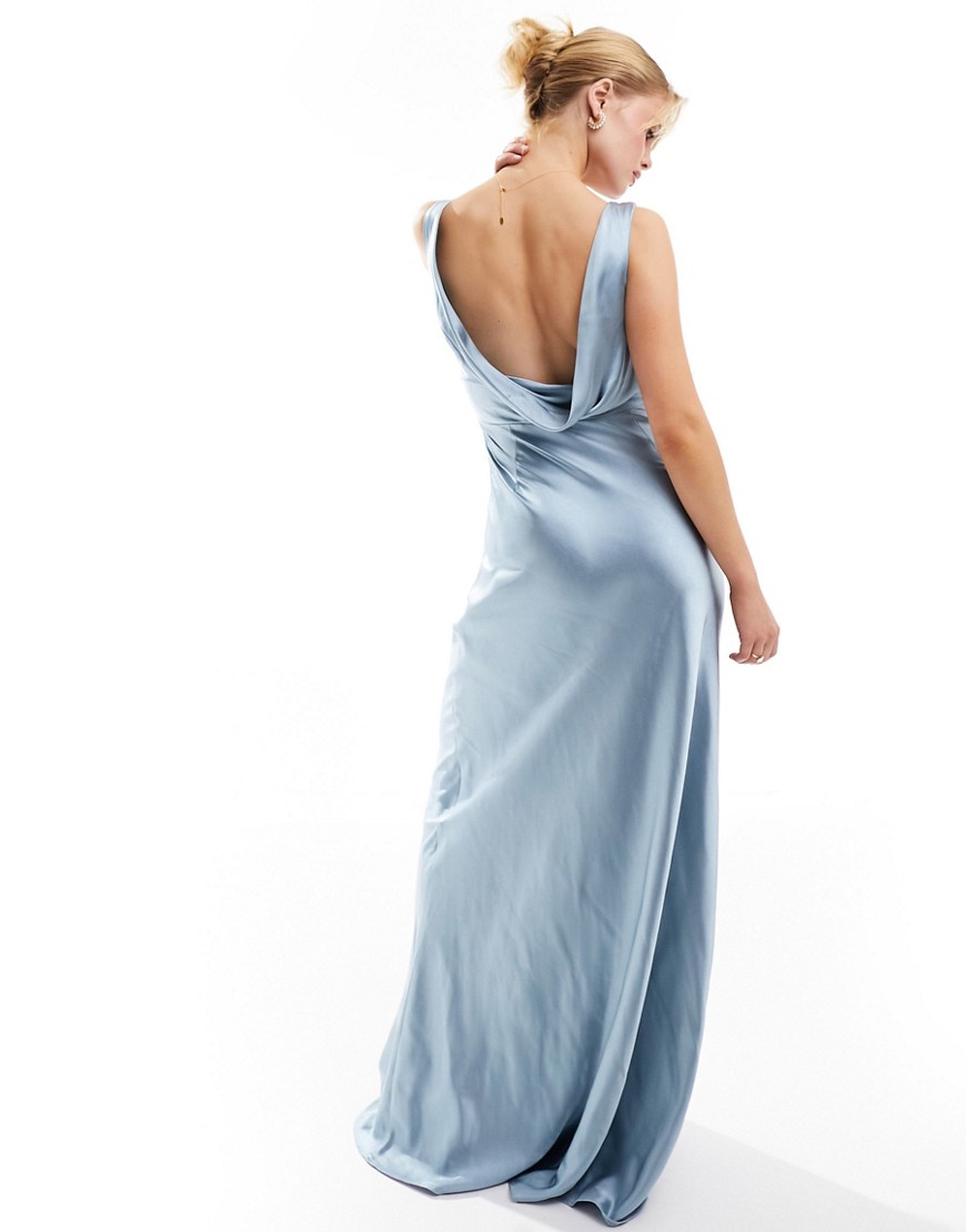 Bridesmaids cowl back satin maxi dress in dusty blue