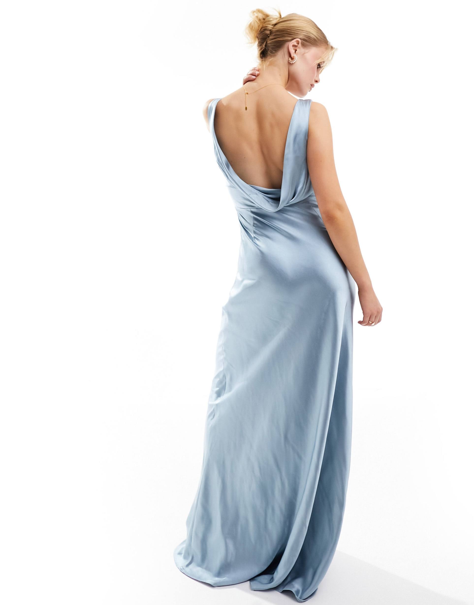 six stories bridesmaids cowl back satin maxi dress in dusty blue