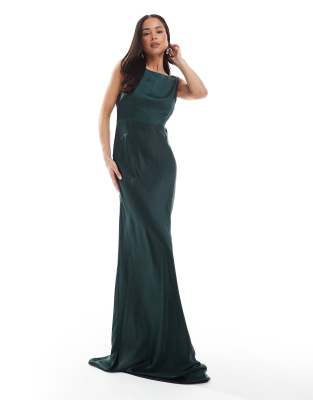 Bridesmaids cowl back satin maxi dress in emerald-Green