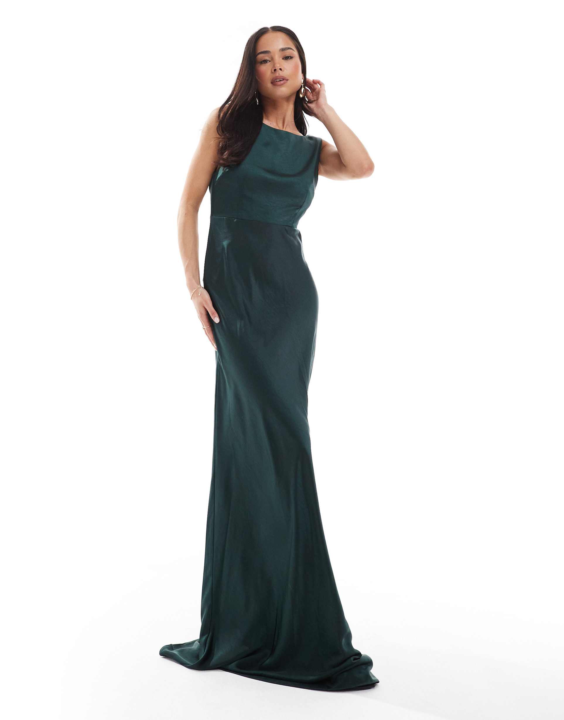 six stories bridesmaids cowl back satin maxi dress in emerald