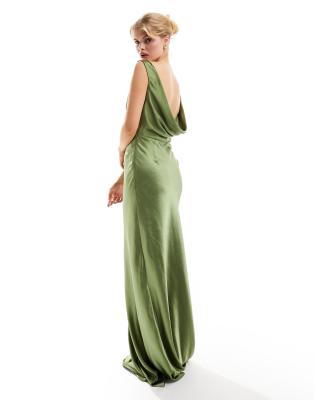 Six Stories Six Stories Bridesmaids cowl back satin maxi dress in moss green