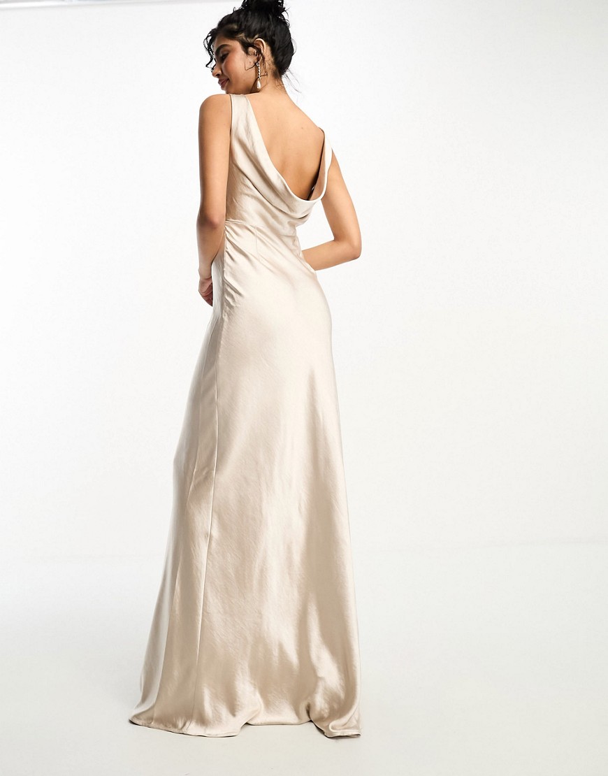 Bridesmaids cowl back satin maxi dress in oyster-White