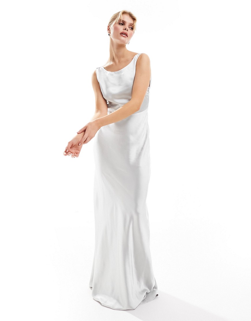 Six Stories Bridesmaids cowl back satin maxi dress in silver