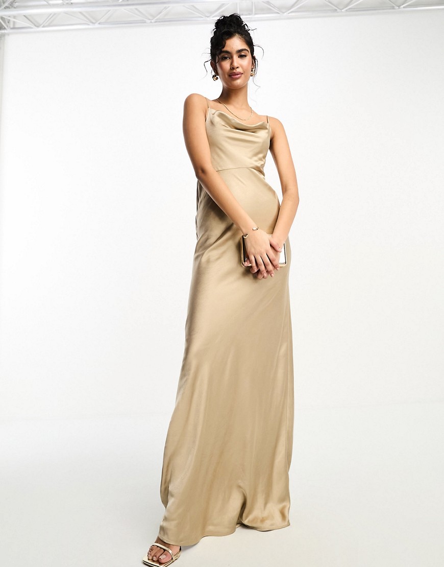 Six Stories Bridesmaids cowl front satin slip dress in champagne-Gold