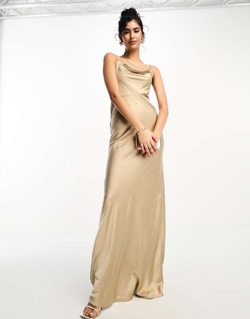 Beige Cowl Neck Satin Maxi Dress