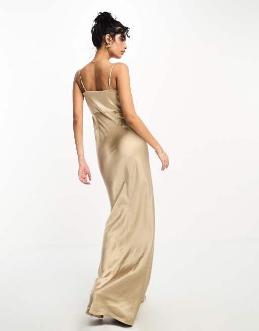 Cowl Front Satin Bridesmaid Dress - Champagne