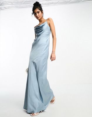 Six Stories Bridesmaids One Shoulder Satin Maxi Dress In Dusty Blue
