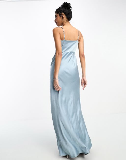 Dusty Blue Silk Cowl Neck Midi Slip Dress