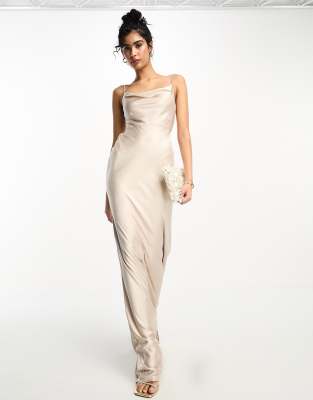 Six Stories Bridesmaids Cowl Front Satin Slip Dress In Champagne-gold In White