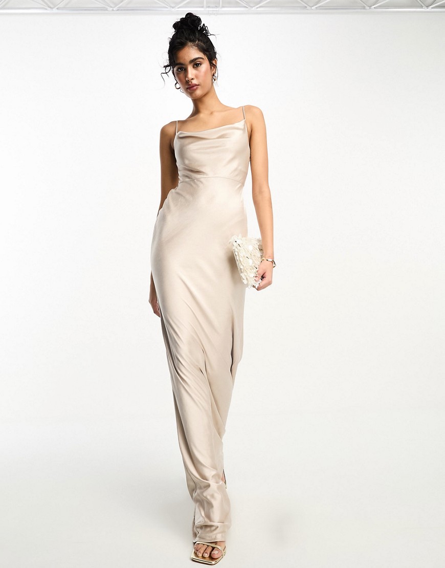 Six Stories Bridesmaids cowl front satin slip dress in oyster-White