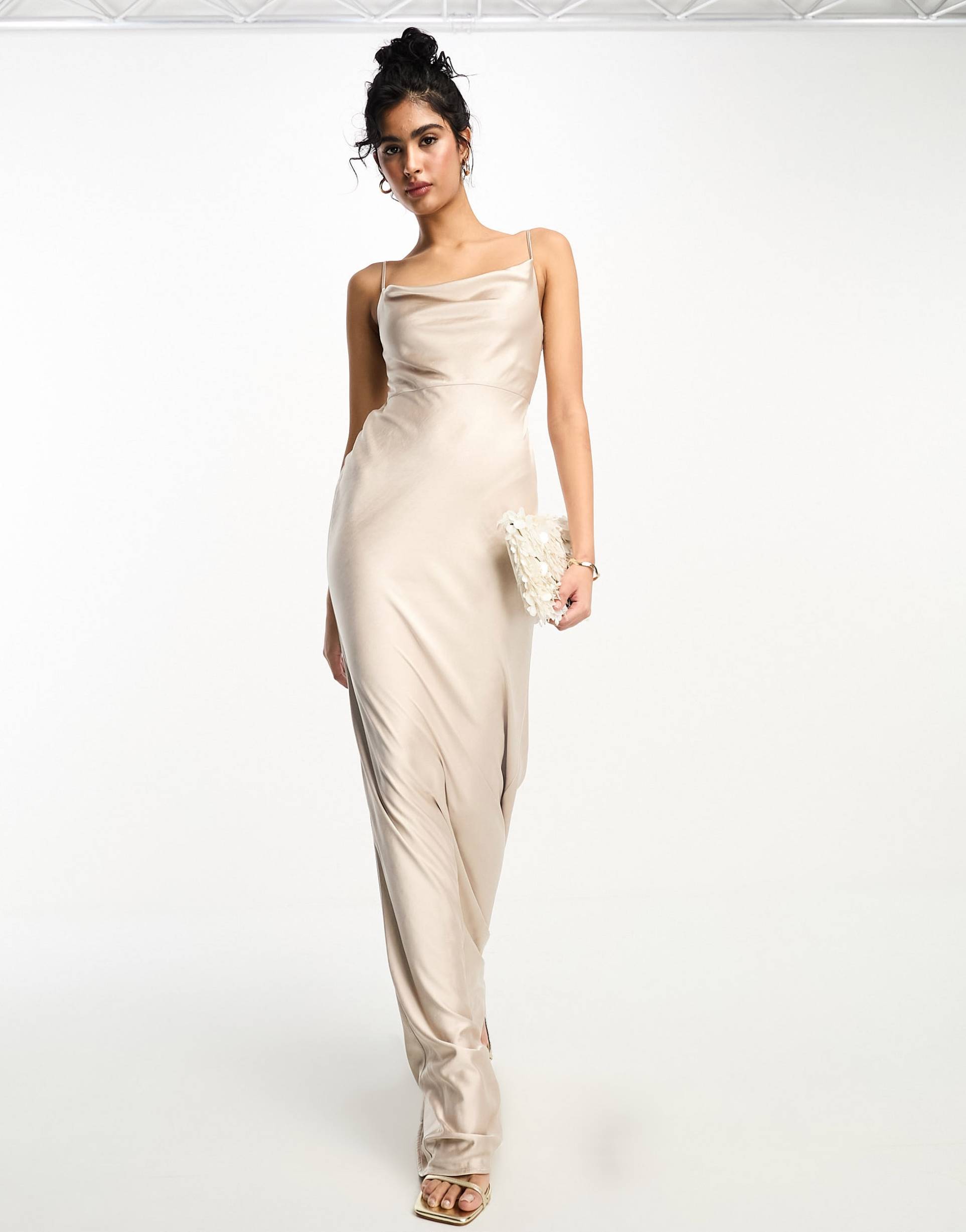 six stories bridesmaids cowl front satin slip dress in oyster