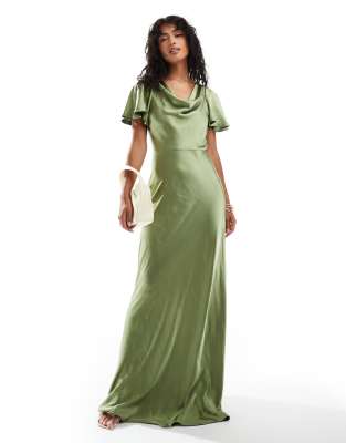 Bridesmaids flutter sleeve satin maxi dress in moss green