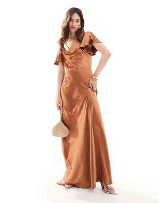 Bridesmaids flutter sleeve satin maxi dress in rust-Orange