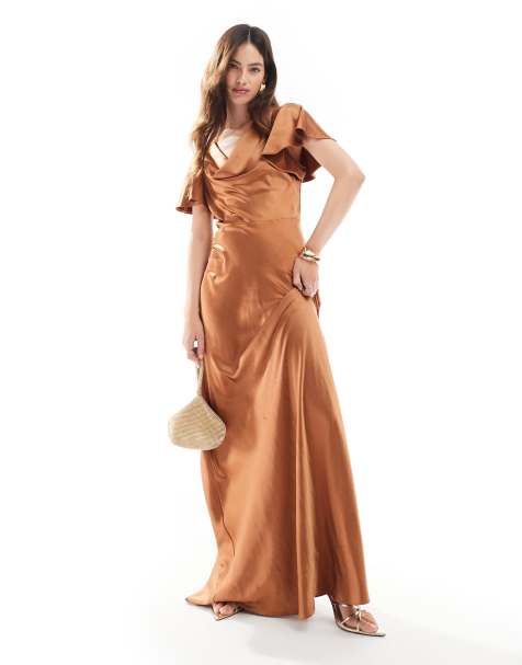 Six Stories Bridesmaids flutter sleeve satin maxi dress in rust
