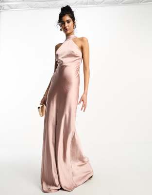 Six Stories Six Stories Bridesmaids halter neck satin maxi dress in rose-Pink
