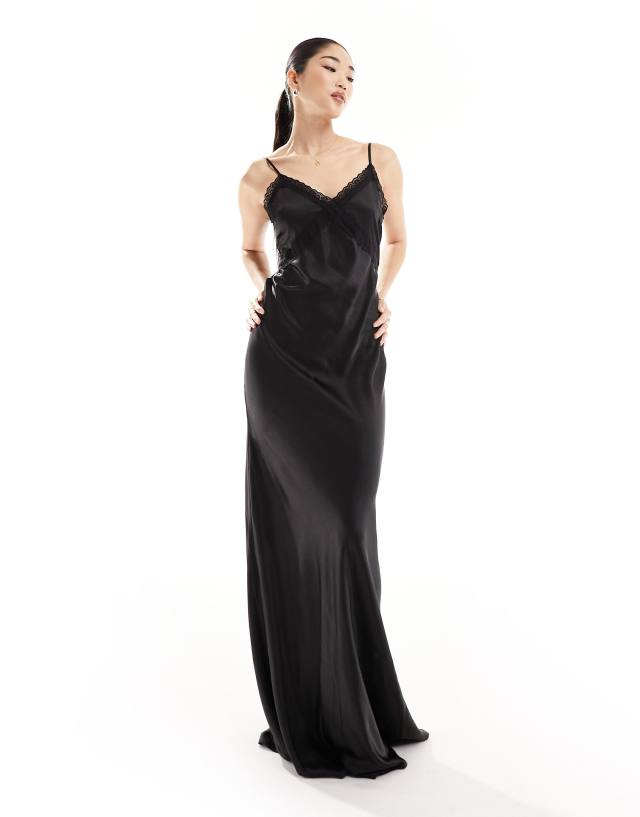 Six Stories - bridesmaids lace detail satin maxi dress co-ord in black