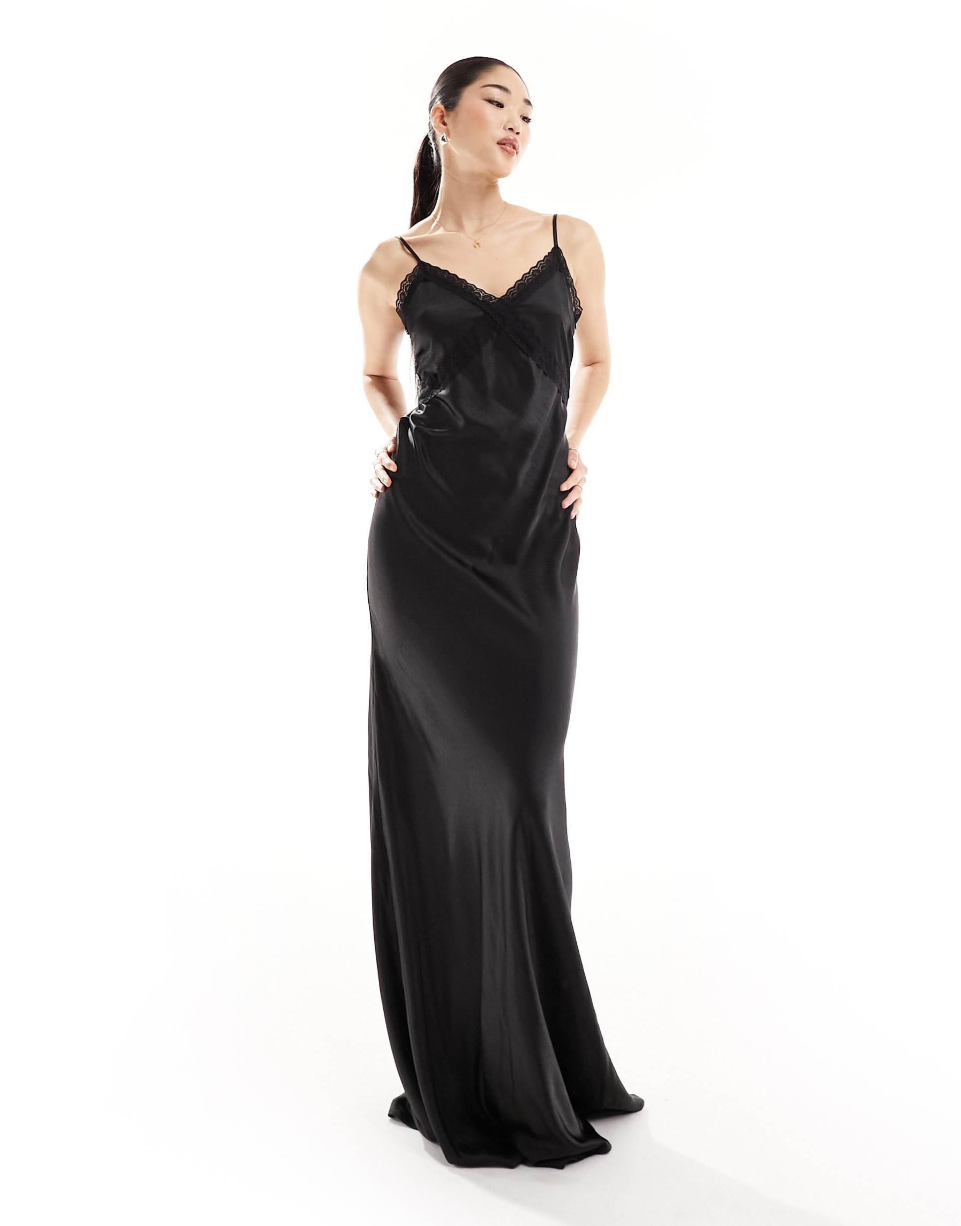 six stories bridesmaids lace detail satin maxi dress in black - part of a set