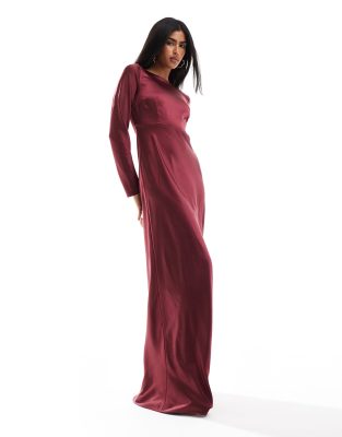 Six Stories Six Stories Bridesmaids long sleeve cowl back satin maxi dress in burgundy-Red