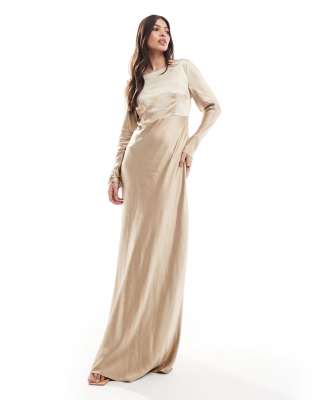 Bridesmaids long sleeve cowl back satin maxi dress in gold-Neutral