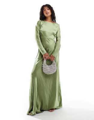 Bridesmaids long sleeve cowl back satin maxi dress in moss green