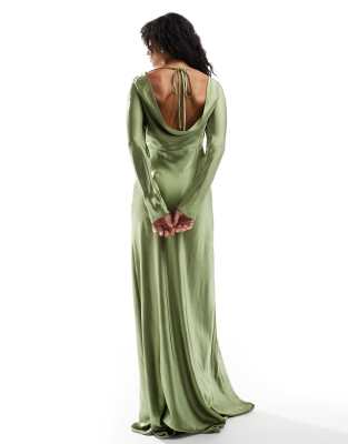 Six Stories Bridesmaids Long Sleeve Cowl Back Satin Maxi Dress In Green