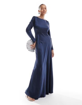 Bridesmaids long sleeve cowl back satin maxi dress in navy