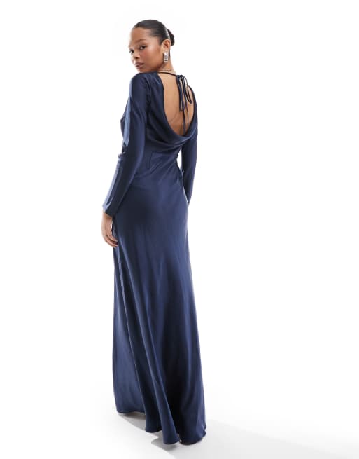 Six Stories Bridesmaids long sleeve cowl back satin maxi dress in navy |  ASOS