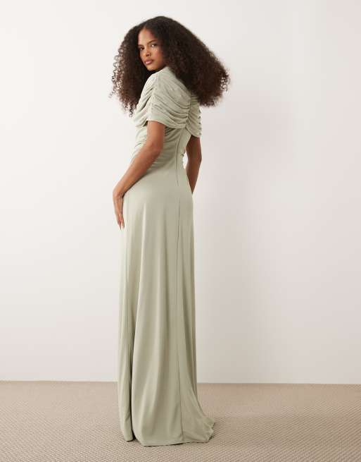 Six Stories – Bridesmaids – Maxikleid in Salbeigrün mit Stretch und Cape-Detail, 3 von 4