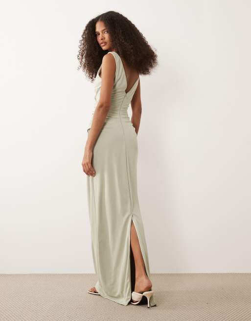 Six Stories – Bridesmaids – Maxikleid in Salbeigrün mit Stretchanteil, V-Ausschnitt und gerafftem Einsatz, 4 von 4