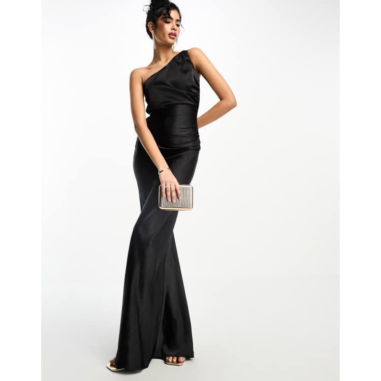 One shoulder clearance black satin dress